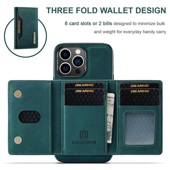 For iPhone 15 Pro DG.MING M2 Series 3-Fold Card Bag Wallet Leather Phone Case(Green)