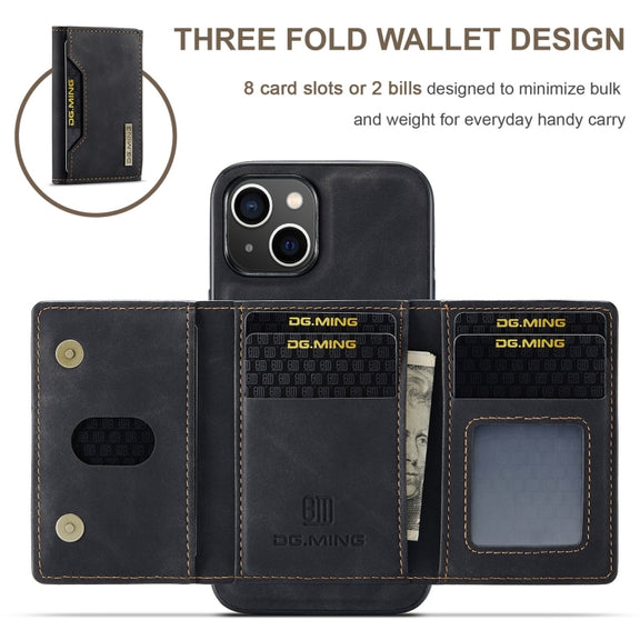 For iPhone 15 Plus DG.MING M2 Series 3-Fold Card Bag Wallet Leather Phone Case(Black)