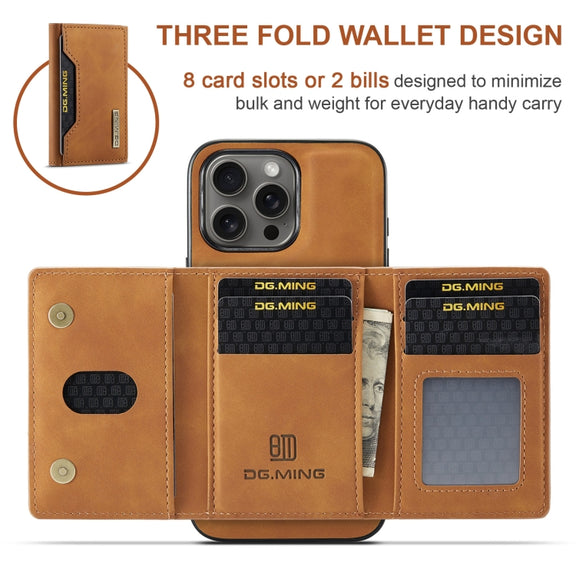 For iPhone 16 Pro DG.MING M2 Series 3-Fold Card Bag Wallet Leather Phone Case(Brown)