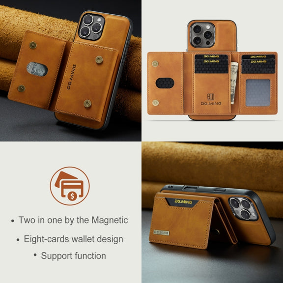 For iPhone 16 Pro DG.MING M2 Series 3-Fold Card Bag Wallet Leather Phone Case(Brown)