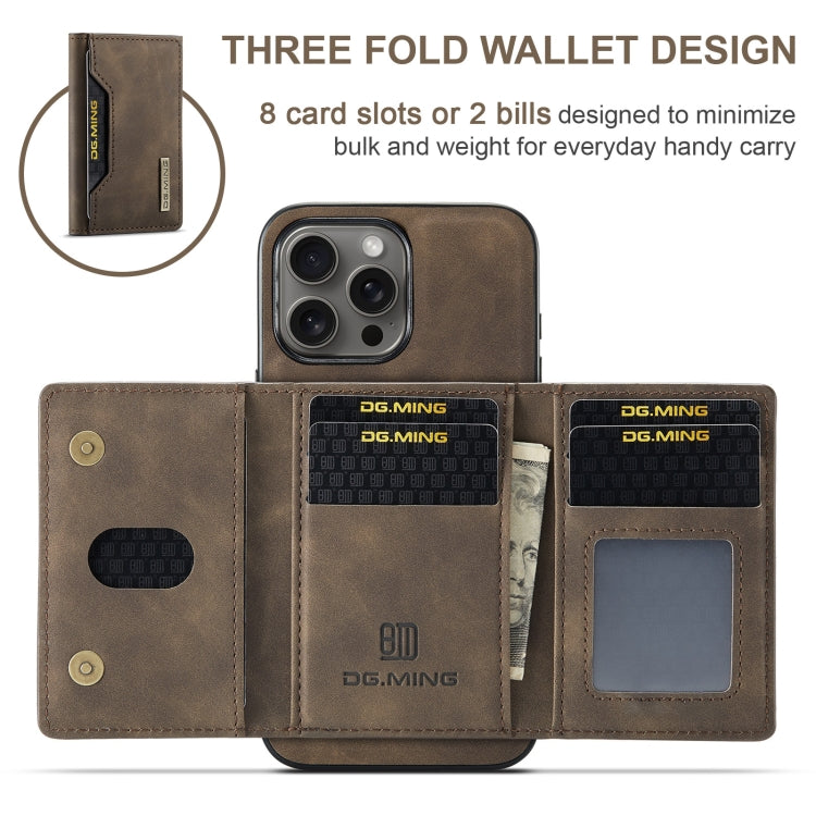 For iPhone 16 Pro DG.MING M2 Series 3-Fold Card Bag Wallet Leather Phone Case(Coffee)