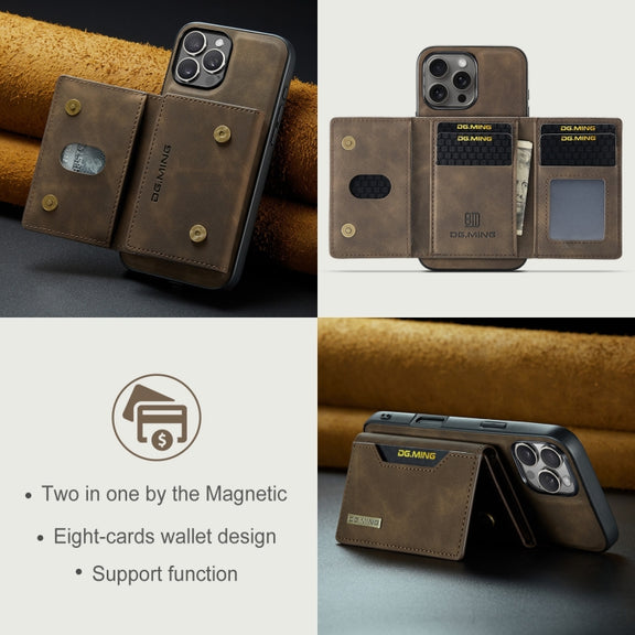 For iPhone 16 Pro DG.MING M2 Series 3-Fold Card Bag Wallet Leather Phone Case(Coffee)