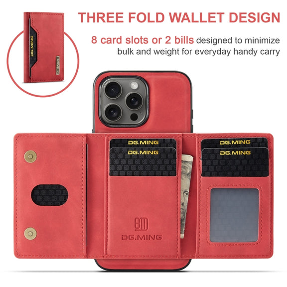 For iPhone 16 Pro DG.MING M2 Series 3-Fold Card Bag Wallet Leather Phone Case(Red)