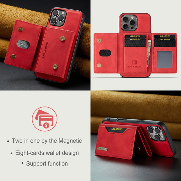 For iPhone 16 Pro DG.MING M2 Series 3-Fold Card Bag Wallet Leather Phone Case(Red)