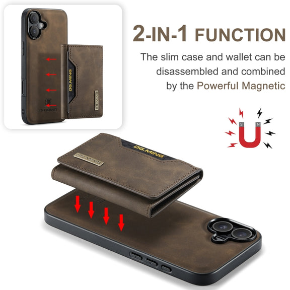 For iPhone 16 Plus DG.MING M2 Series 3-Fold Card Bag Wallet Leather Phone Case(Coffee)