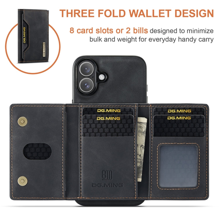 For iPhone 16 DG.MING M2 Series 3-Fold Card Bag Wallet Leather Phone Case(Black)