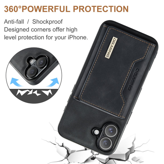 For iPhone 16 DG.MING M2 Series 3-Fold Card Bag Wallet Leather Phone Case(Black)