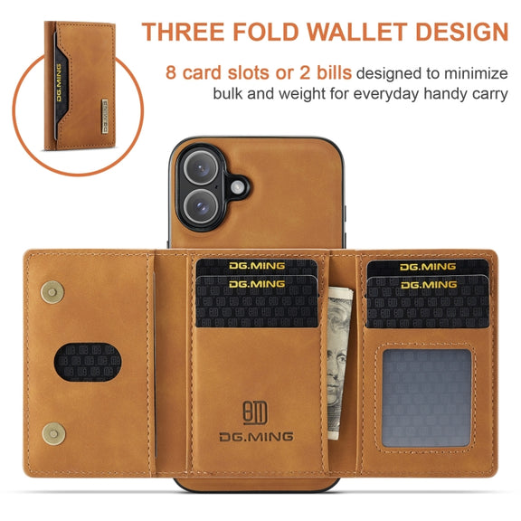 For iPhone 16 DG.MING M2 Series 3-Fold Card Bag Wallet Leather Phone Case(Brown)