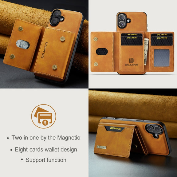 For iPhone 16 DG.MING M2 Series 3-Fold Card Bag Wallet Leather Phone Case(Brown)