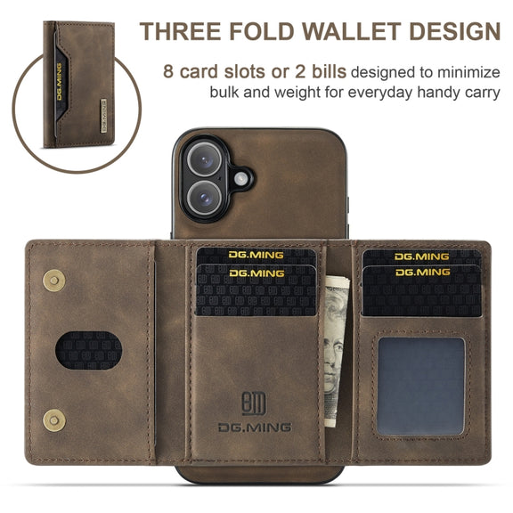 For iPhone 16 DG.MING M2 Series 3-Fold Card Bag Wallet Leather Phone Case(Coffee)