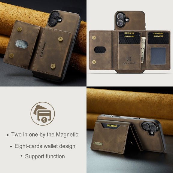 For iPhone 16 DG.MING M2 Series 3-Fold Card Bag Wallet Leather Phone Case(Coffee)
