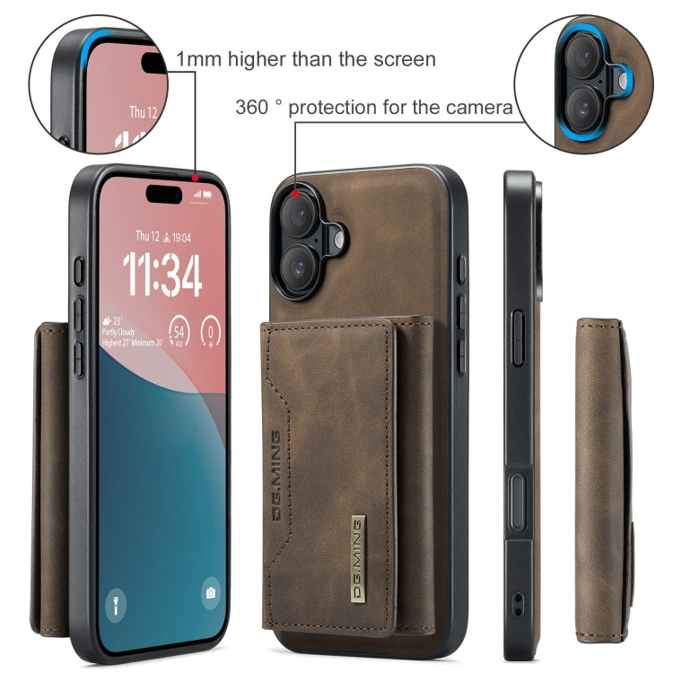 For iPhone 16 DG.MING M2 Series 3-Fold Card Bag Wallet Leather Phone Case(Coffee)