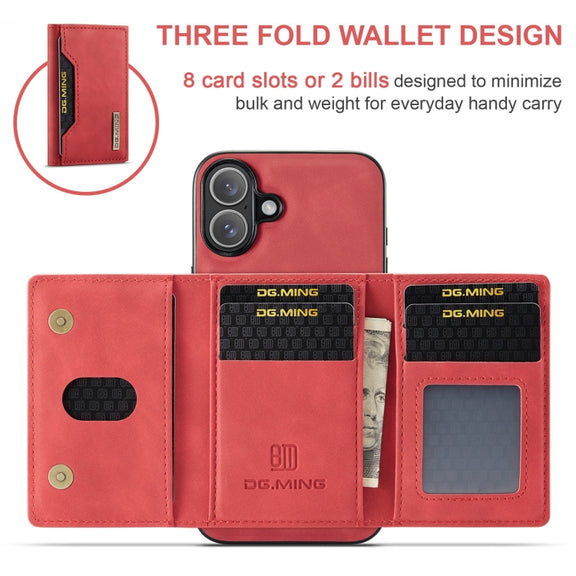 For iPhone 16 DG.MING M2 Series 3-Fold Card Bag Wallet Leather Phone Case(Red)