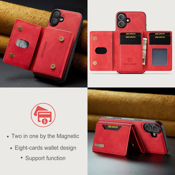 For iPhone 16 DG.MING M2 Series 3-Fold Card Bag Wallet Leather Phone Case(Red)
