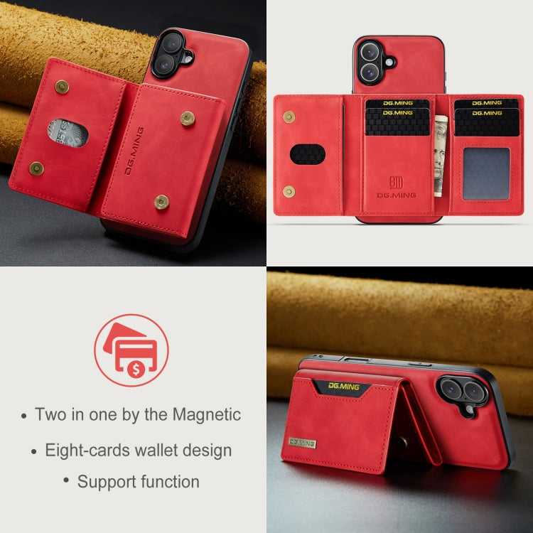 For iPhone 16 DG.MING M2 Series 3-Fold Card Bag Wallet Leather Phone Case(Red)