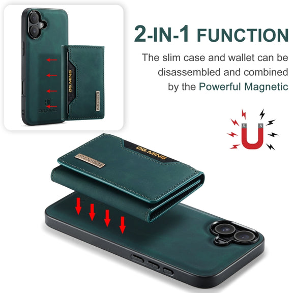 For iPhone 16 DG.MING M2 Series 3-Fold Card Bag Wallet Leather Phone Case(Green)