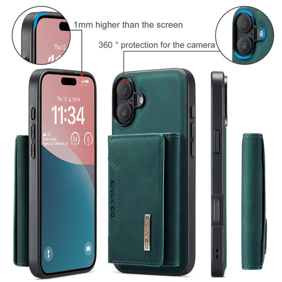 For iPhone 16 DG.MING M2 Series 3-Fold Card Bag Wallet Leather Phone Case(Green)