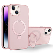 For iPhone 14 MagSafe Metal Holder Frosted Translucent Phone Case(Pink)