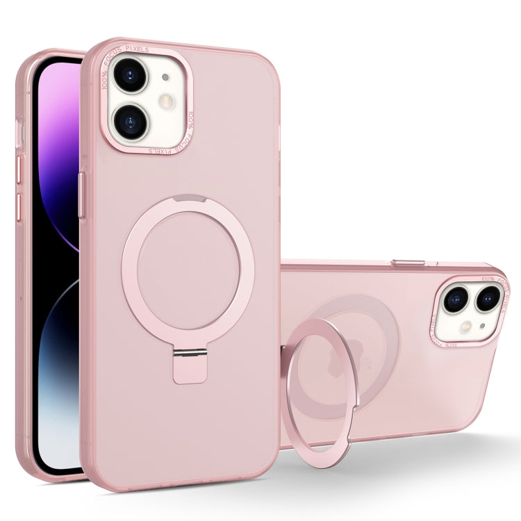 For iPhone 12 / 12 Pro MagSafe Metal Holder Frosted Translucent Phone Case(Pink) - iPhone 12 / 12 Pro Cases by PMC TechLife | Online Shopping South Africa | PMC TechLife