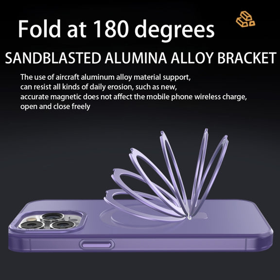 For iPhone 15 Plus MagSafe Metal Holder Frosted Translucent Phone Case(Dark Purple)