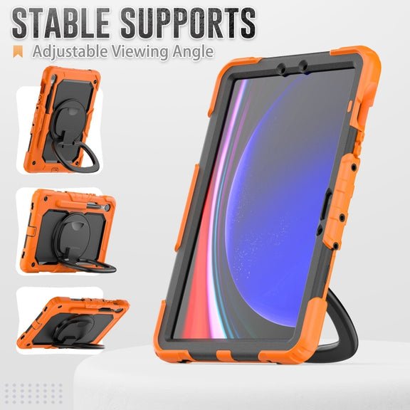 For Samsung Galaxy Tab S9 D Type Silicone Hybrid PC Tablet Case with Handle Holder(Orange)
