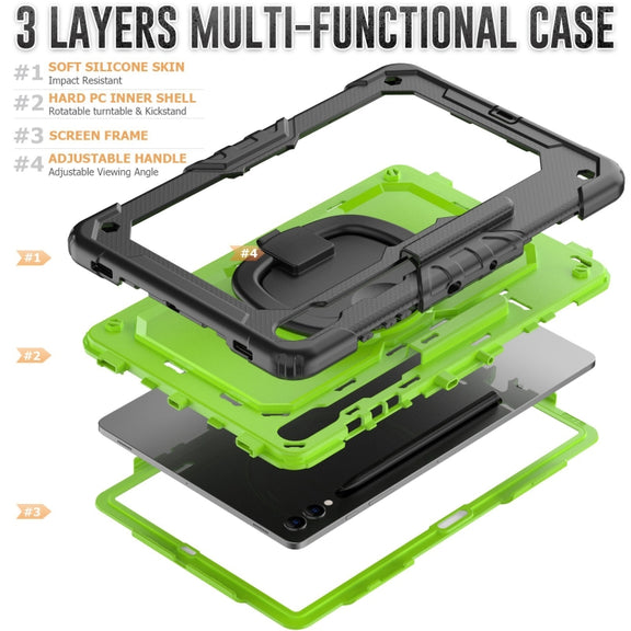 For Samsung Galaxy Tab S9+ / S10+ D Type Silicone Hybrid PC Tablet Case with Handle Holder(Yellow Green PC)