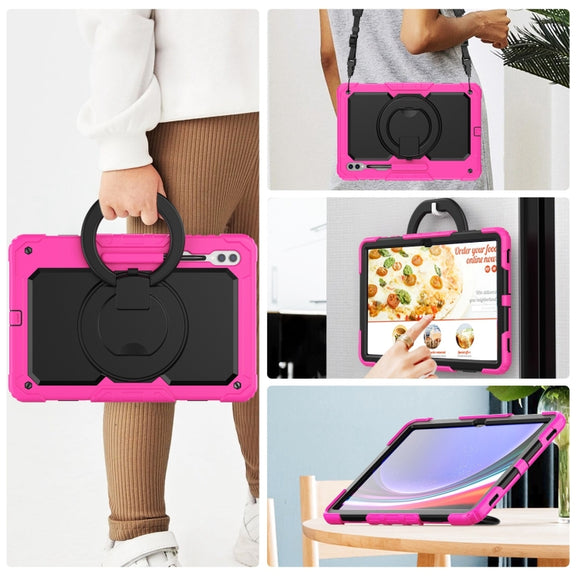 For Samsung Galaxy Tab S10 Ultra D Type Silicone Hybrid PC Tablet Case with Handle Holder(Rose Red)