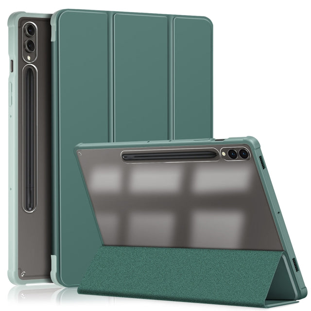 For Samsung Galaxy Tab S9+ Acrylic 3-folding Smart Leather Tablet Case(Deep Green)