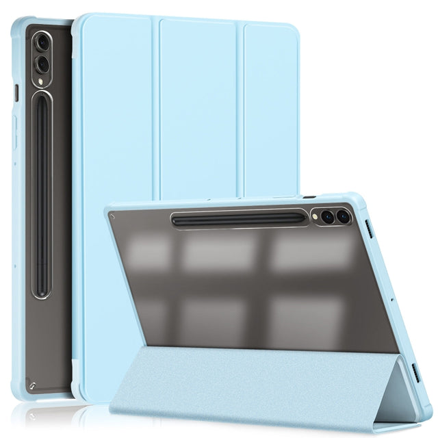 For Samsung Galaxy Tab S9+ Acrylic 3-folding Smart Leather Tablet Case(Sky Blue)