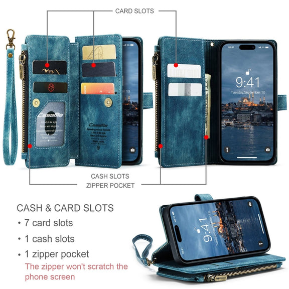 For iPhone 15 Pro CaseMe C30 Multifunctional Leather Phone Case(Blue)