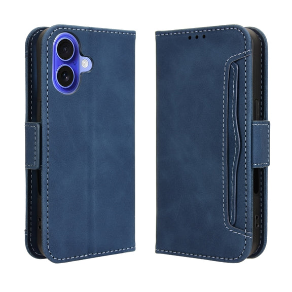 For iPhone 16 Plus Skin Feel Calf Texture Card Slots Leather Phone Case(Blue)