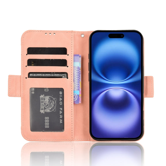 For iPhone 16 Skin Feel Calf Texture Card Slots Leather Phone Case(Pink)