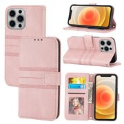 For iPhone 16 Pro Max Embossed Stripes Skin Feel Leather Phone Case(Pink)