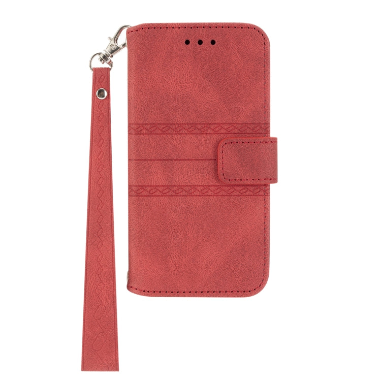 For iPhone 16 Embossed Stripes Skin Feel Leather Phone Case(Red) - iPhone 16 Cases by PMC TechLife | Online Shopping South Africa | PMC TechLife | Buy Now Pay Later Mobicred