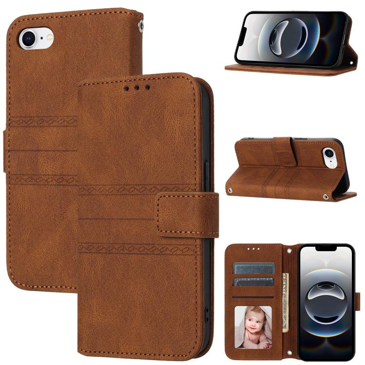 For iPhone 16e Embossed Stripes Skin Feel Leather Phone Case(Brown) - free shipping - PMC TechLife - Order now!