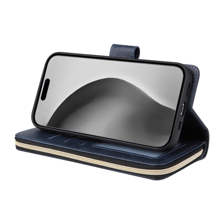 For iPhone 16 Pro Max 9 Card Slots Zipper Wallet Bag Leather Phone Case(Blue) - iPhone 16 Pro Max Cases by PMC TechLife | Online Shopping South Africa | PMC TechLife | Buy Now Pay Later Mobicred