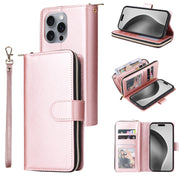For iPhone 16 Pro Max 9 Card Slots Zipper Wallet Bag Leather Phone Case(Rose Gold)