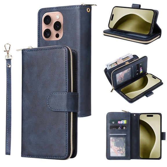 For iPhone 16 Pro 9 Card Slots Zipper Wallet Bag Leather Phone Case(Blue)