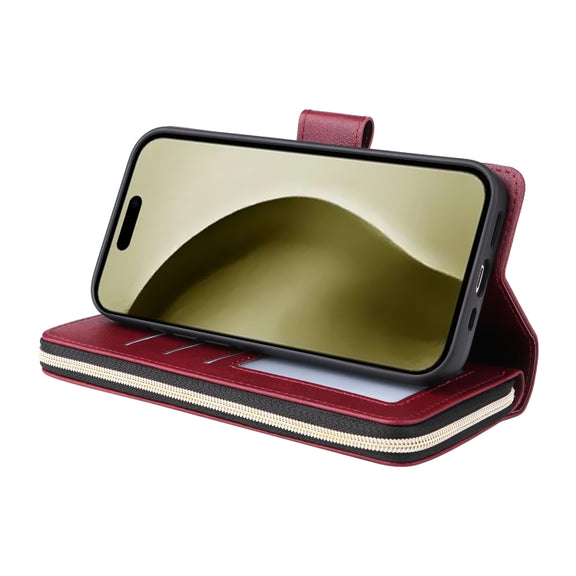 For iPhone 16 Pro 9 Card Slots Zipper Wallet Bag Leather Phone Case(Wine Red)