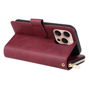 For iPhone 16 Pro 9 Card Slots Zipper Wallet Bag Leather Phone Case(Wine Red)