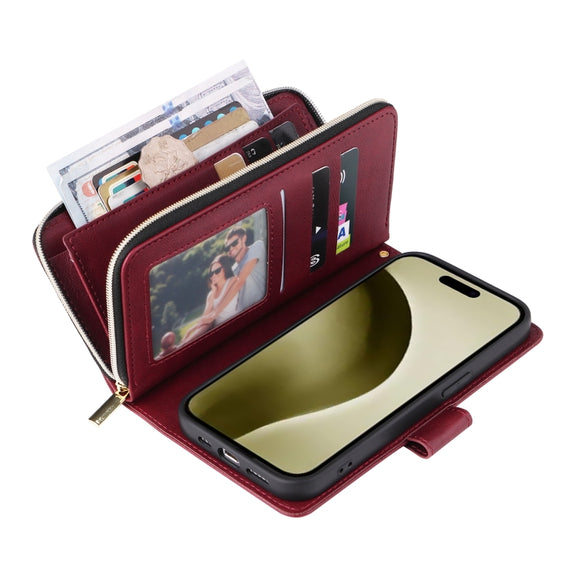 For iPhone 16 Pro 9 Card Slots Zipper Wallet Bag Leather Phone Case(Wine Red)