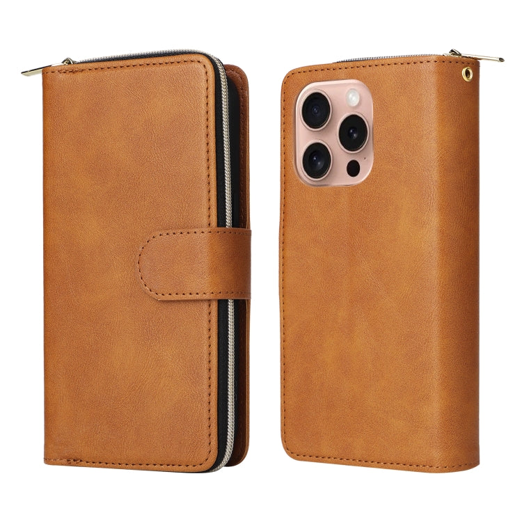 For iPhone 16 Pro 9 Card Slots Zipper Wallet Bag Leather Phone Case(Brown) - iPhone 16 Pro Cases by PMC TechLife | Online Shopping South Africa | PMC TechLife | Buy Now Pay Later Mobicred