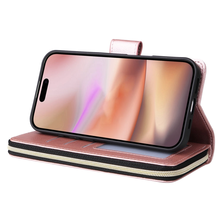 For iPhone 16 Plus 9 Card Slots Zipper Wallet Bag Leather Phone Case(Rose Gold) - free shipping - PMC Jewellery - Order now!