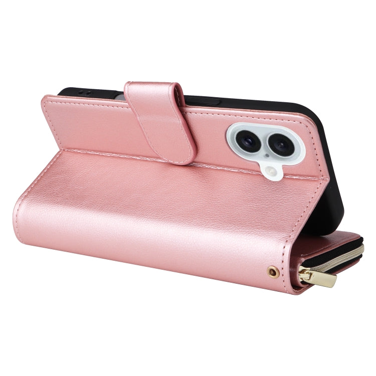 For iPhone 16 Plus 9 Card Slots Zipper Wallet Bag Leather Phone Case(Rose Gold) - free shipping - PMC Jewellery - Order now!