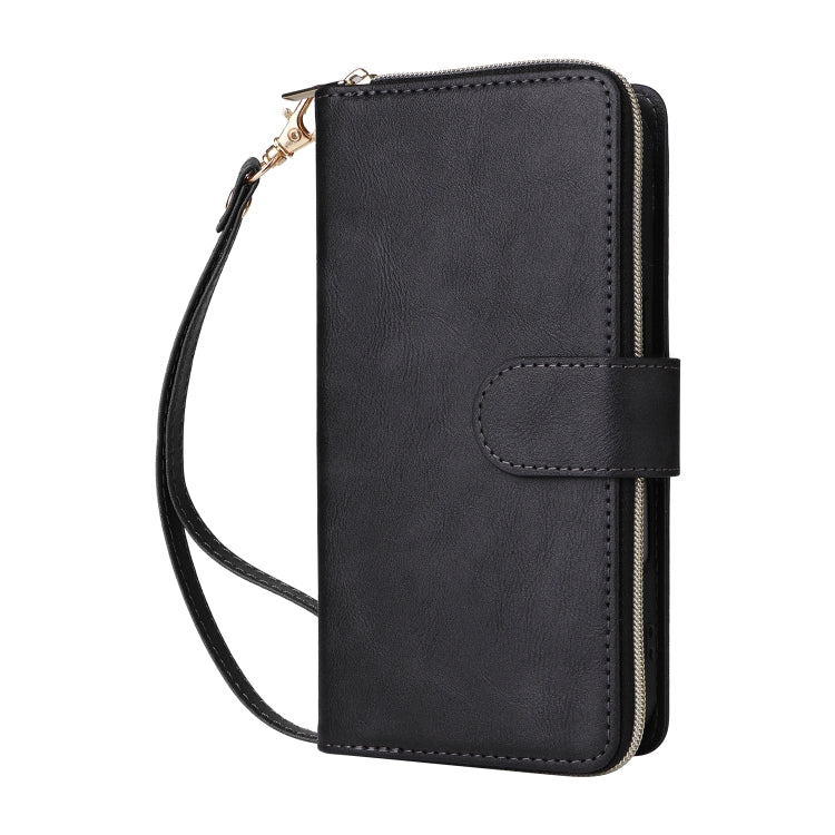 For iPhone 16 Plus 9 Card Slots Zipper Wallet Bag Leather Phone Case(Black)