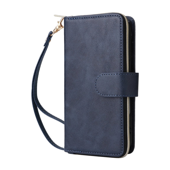 For iPhone 16 9 Card Slots Zipper Wallet Bag Leather Phone Case(Blue)