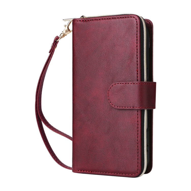 For iPhone 16 9 Card Slots Zipper Wallet Bag Leather Phone Case(Wine Red)