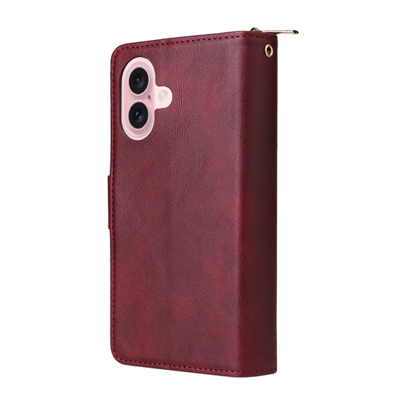 For iPhone 16 9 Card Slots Zipper Wallet Bag Leather Phone Case(Wine Red)