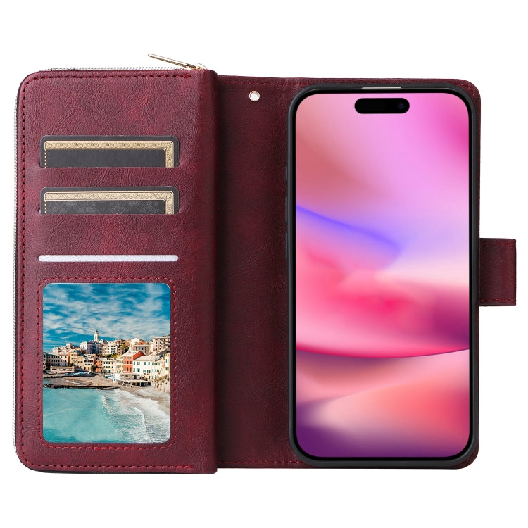For iPhone 16 9 Card Slots Zipper Wallet Bag Leather Phone Case(Wine Red)