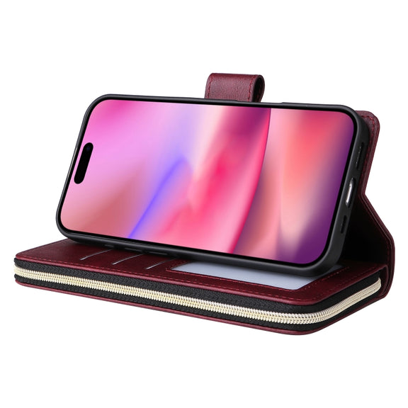 For iPhone 16 9 Card Slots Zipper Wallet Bag Leather Phone Case(Wine Red)